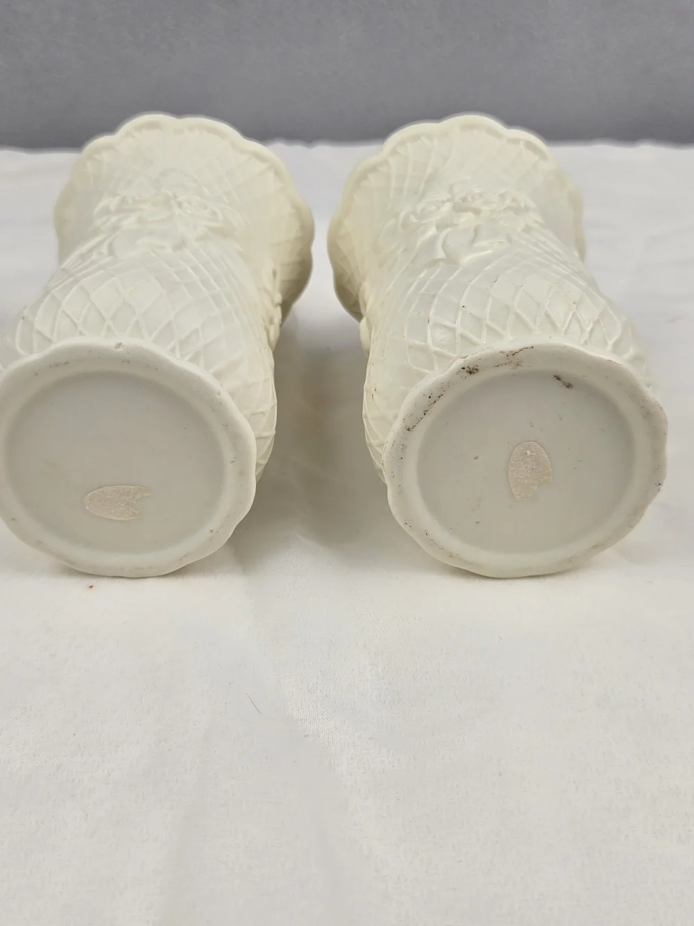 Pair of Vintage Porcelain Bisque Rose & Lattice Vases